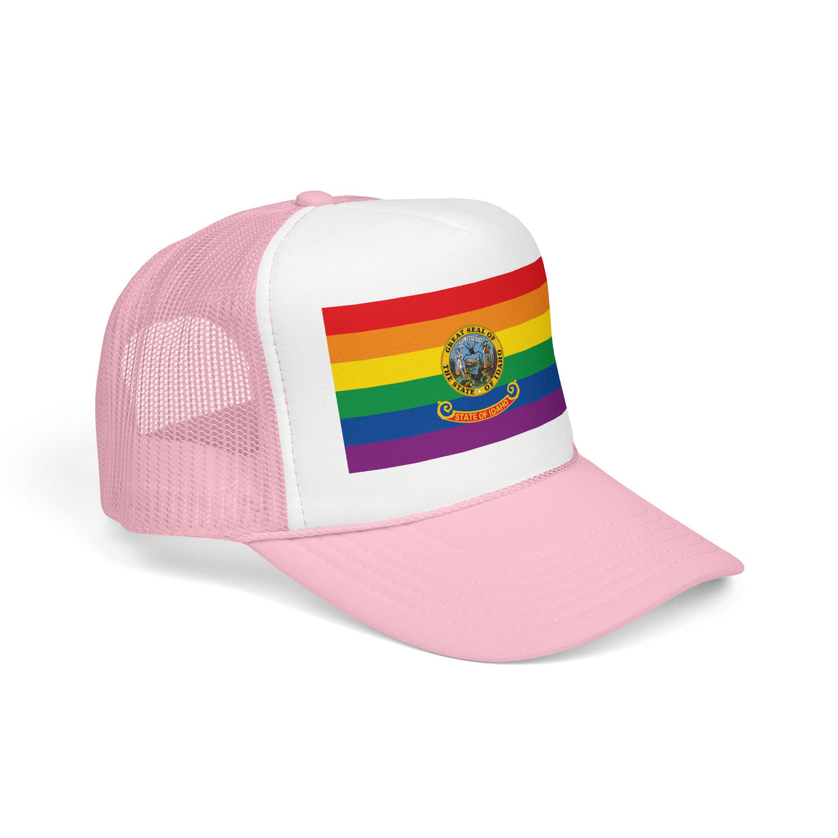 Idaho Rainbow Pride Flag "UNITED" Printed Foam Trucker Hat, Several Color Options