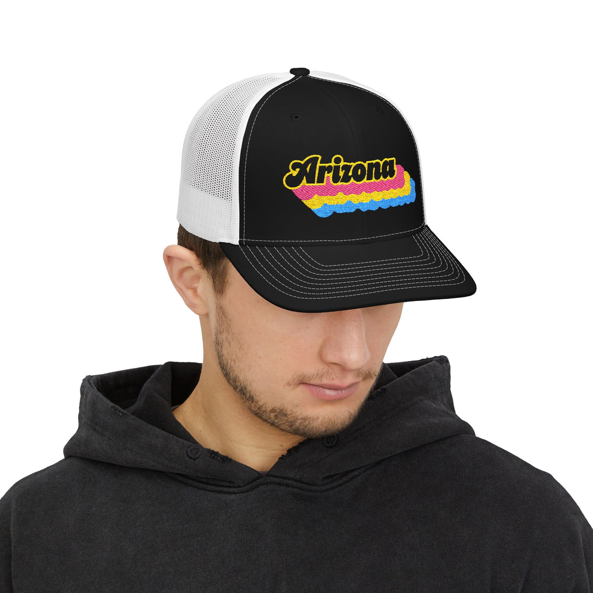 Arizona Pansexual Pride Stack Embroidered Trucker, Snapback Trucker Cap, Black front with White mesh in back