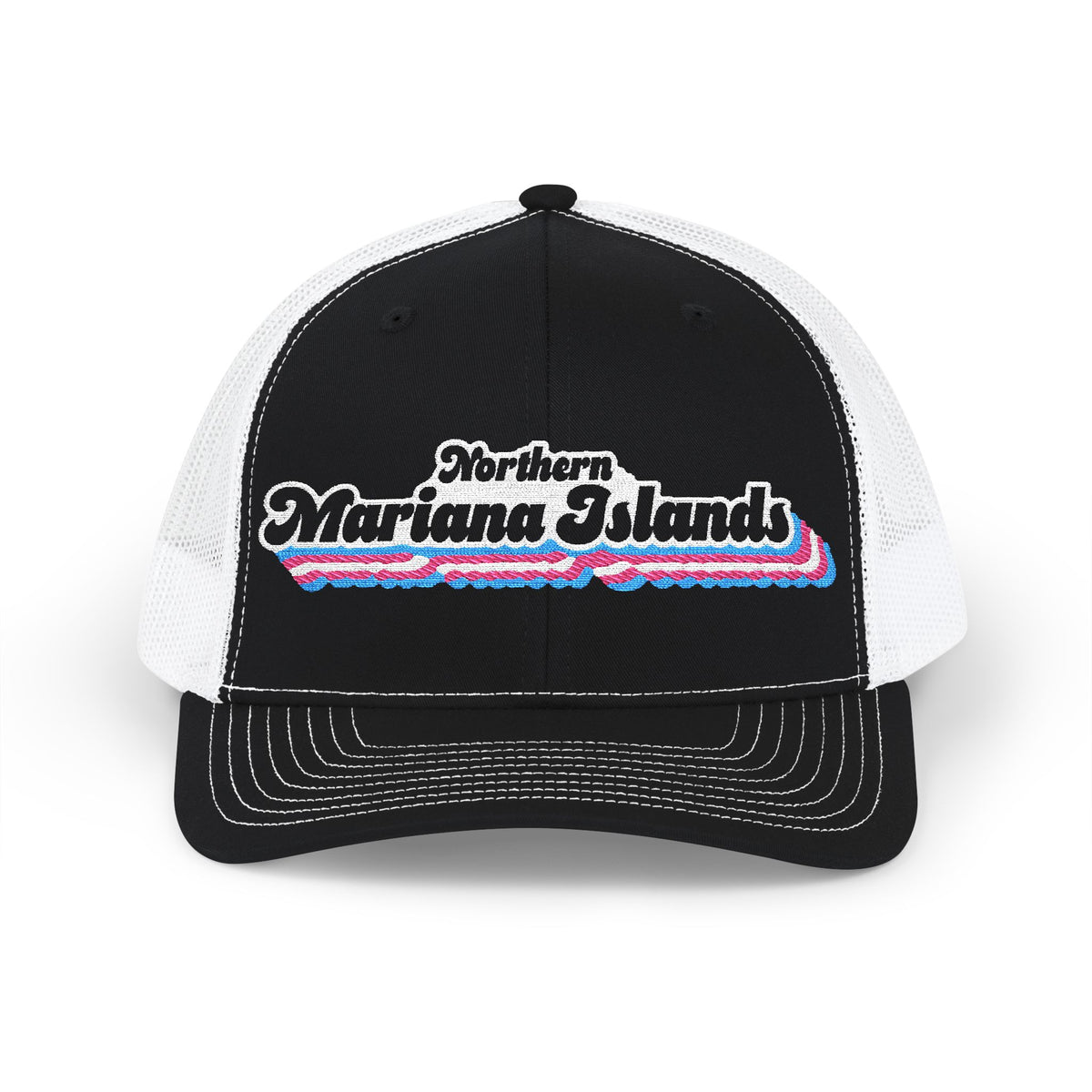 Northern Mariana Islands Transgender Pride Stack Embroidered Trucker, Snapback Trucker Cap, Black front with White mesh in back