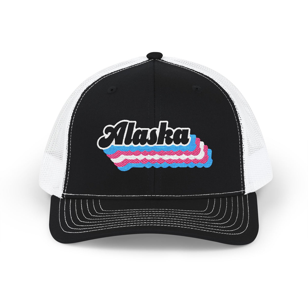 Alaska Transgender Pride Stack Embroidered Trucker, Snapback Trucker Cap, Black front with White mesh in back