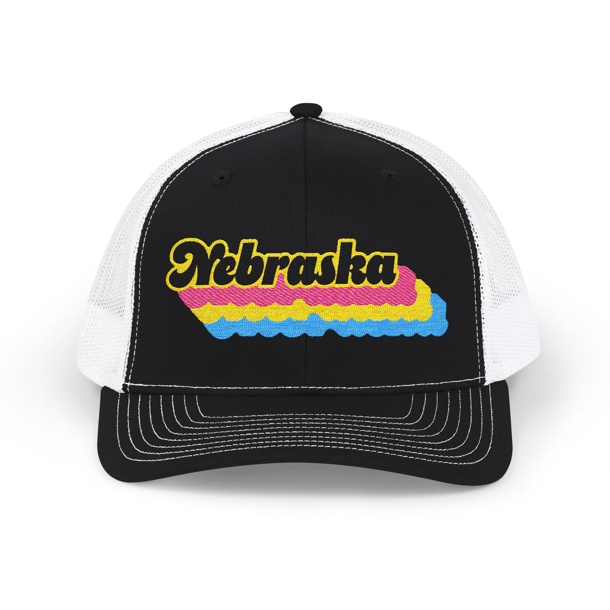 Nebraska Pansexual Pride Stack Embroidered Trucker, Snapback Trucker Cap, Black front with White mesh in back