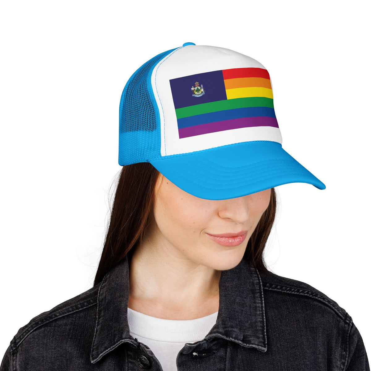 Maine Rainbow Pride Flag "UNITED" Printed Foam Trucker Hat, Several Color Options