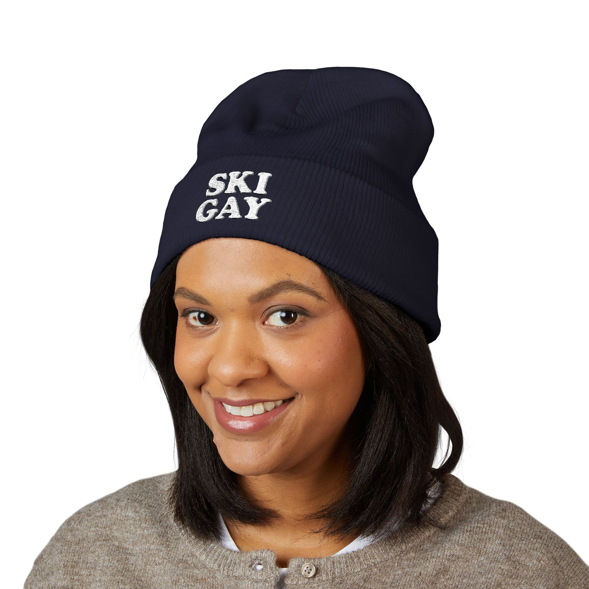 SKI GAY Knit Beanie - white deco