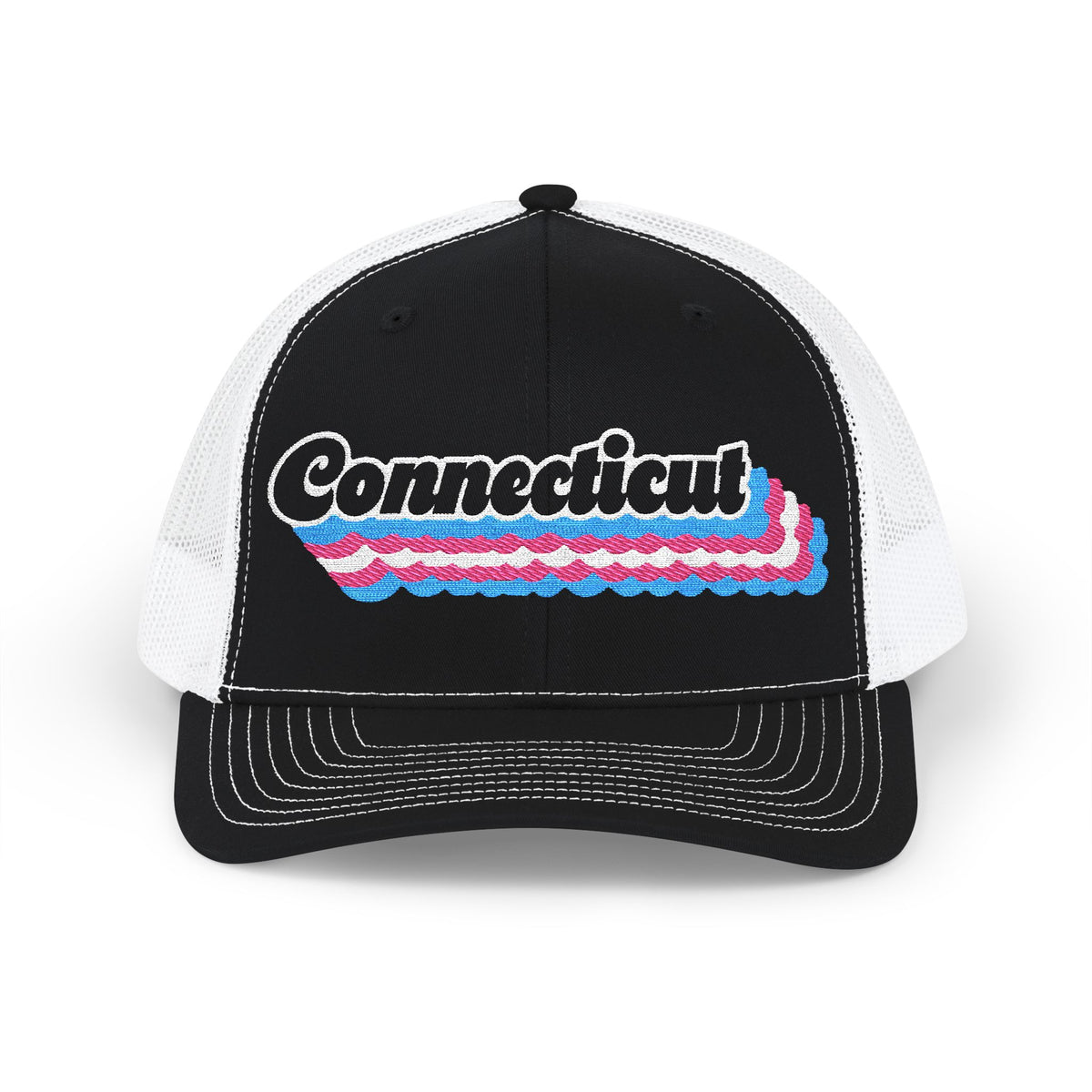 Connecticut Transgender Pride Stack Embroidered Trucker, Snapback Trucker Cap, Black front with White mesh in back