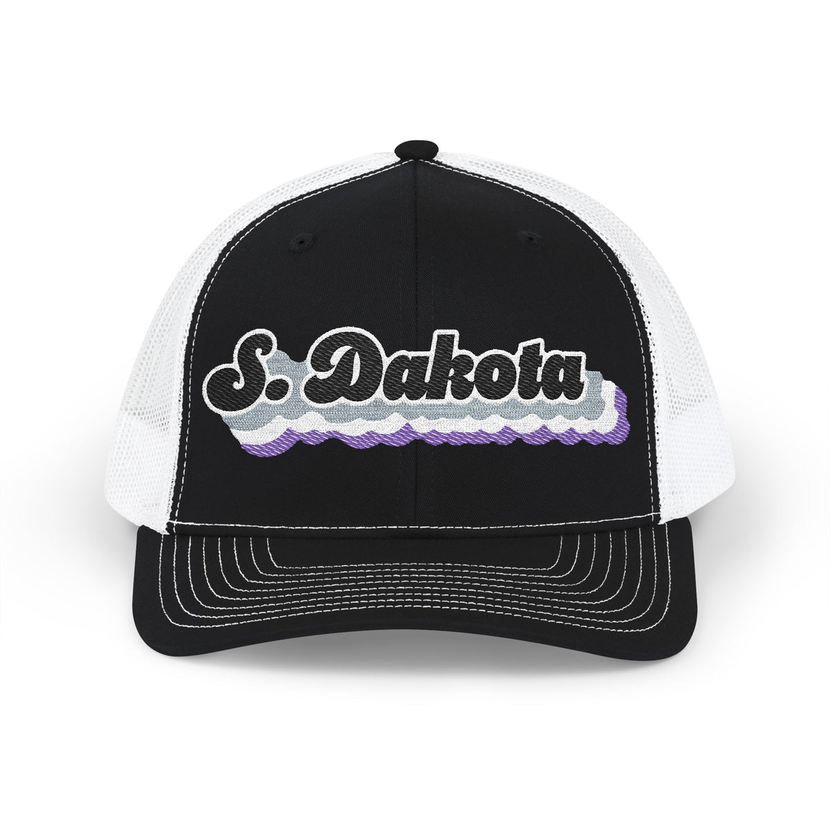 South Dakota Asexual Pride Stack Embroidered Trucker, Snapback Trucker Cap, Black front with White mesh in back