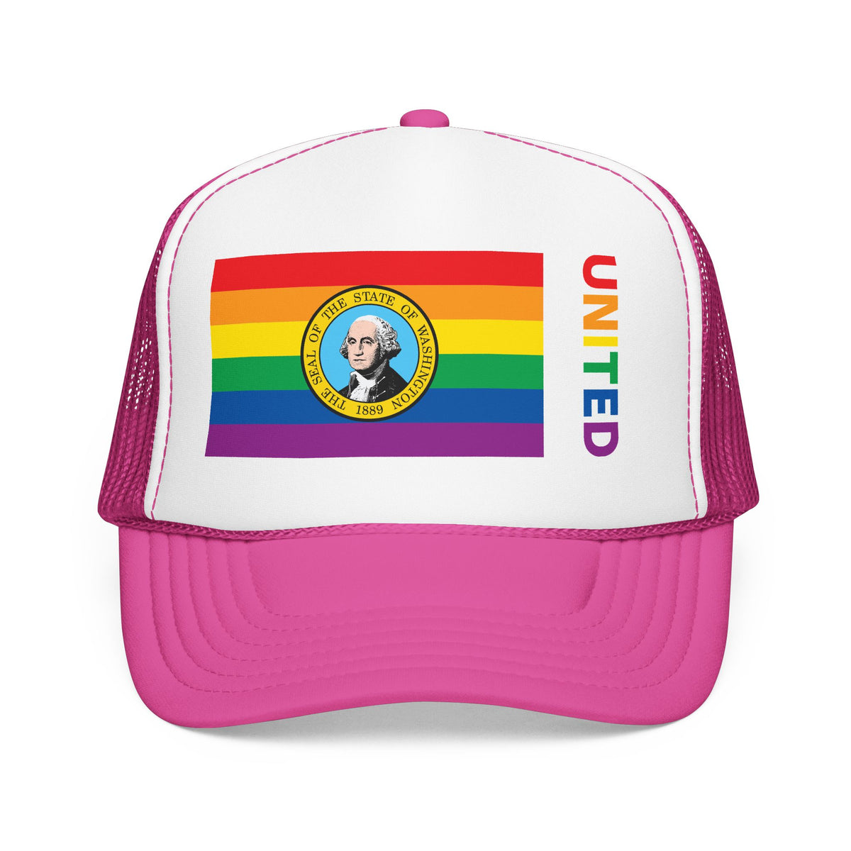 Washington Rainbow Pride Flag "UNITED" Printed Foam Trucker Hat, Several Color Options