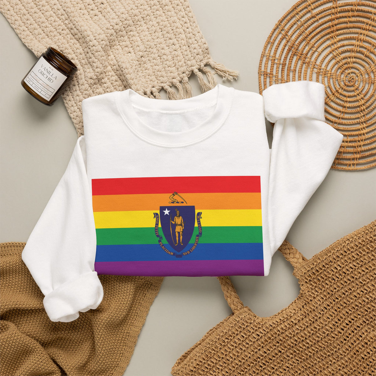Massachusetts Rainbow Pride Flag Unisex Crewneck Sweatshirt, White, Black or Light Pink