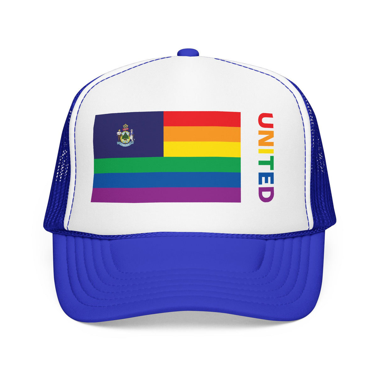 Maine Rainbow Pride Flag "UNITED" Printed Foam Trucker Hat, Several Color Options
