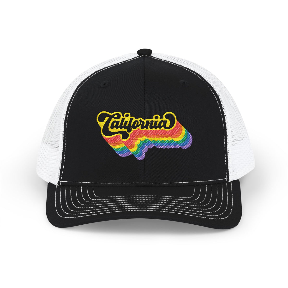 California Retro Rainbow Swash Embroidered Trucker, Snapback Trucker Cap, Black front with White mesh in back