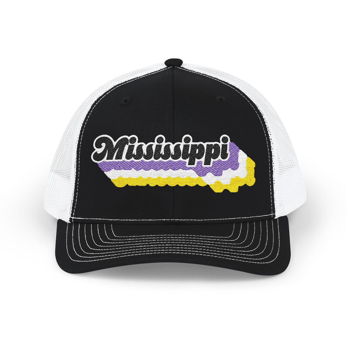 Mississippi Non-binary Pride Stack Embroidered Trucker, Snapback Trucker Cap, Black front with White mesh in back