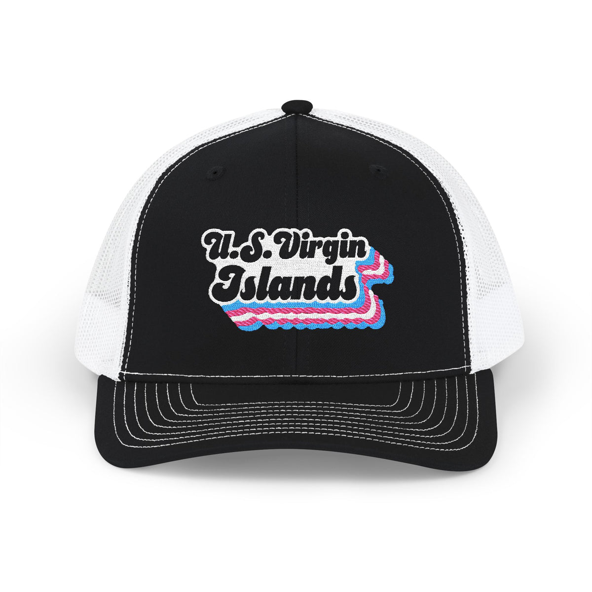 U.S. Virgin Islands Transgender Pride Stack Embroidered Trucker, Snapback Trucker Cap, Black front with White mesh in back