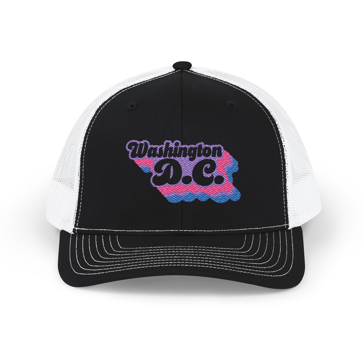 Washington, D.C. Bisexual Pride Stack Embroidered Trucker, Snapback Trucker Cap, Black front with White mesh in back