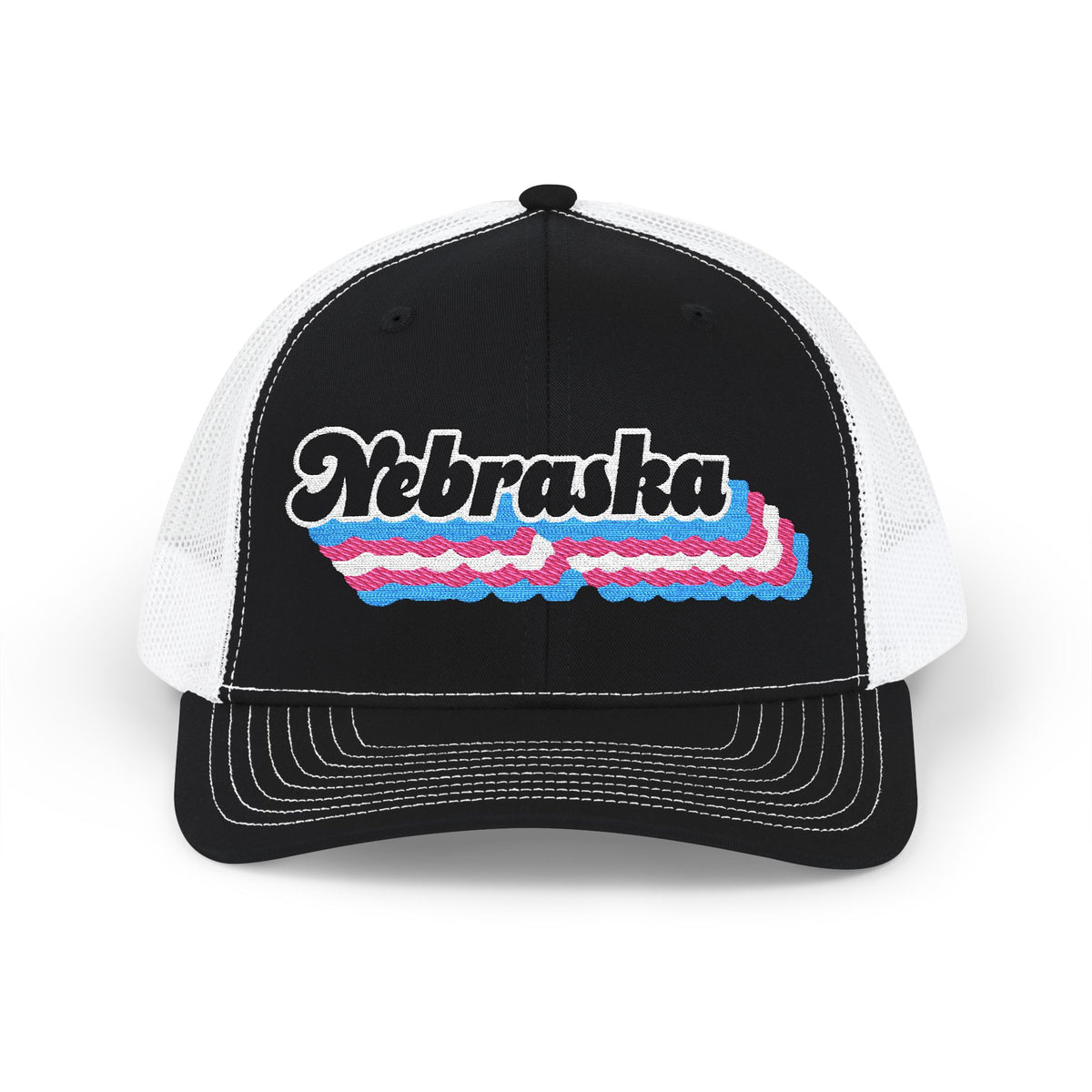 Nebraska Transgender Pride Stack Embroidered Trucker, Snapback Trucker Cap, Black front with White mesh in back