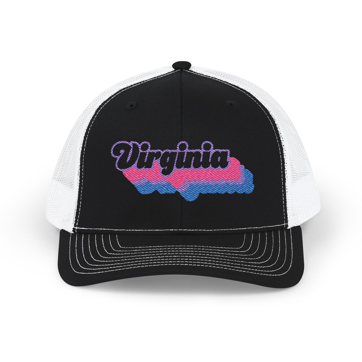 Virginia Bisexual Pride Stack Embroidered Trucker, Snapback Trucker Cap, Black front with White mesh in back
