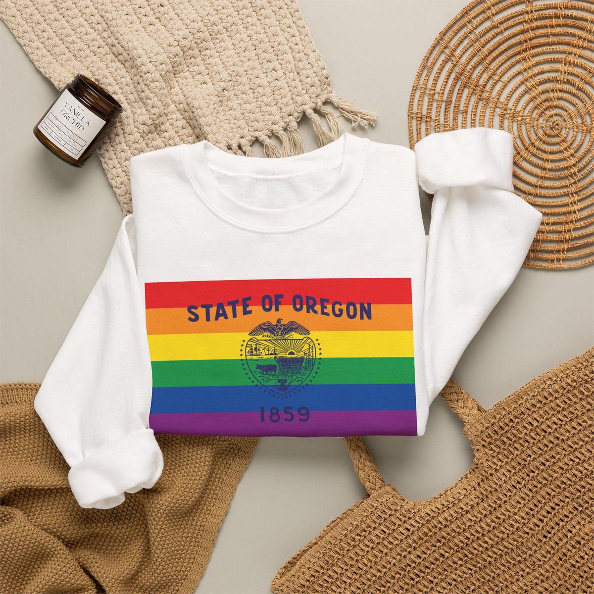 Oregon Rainbow Pride Flag Unisex Crewneck Sweatshirt, White, Black or Light Pink