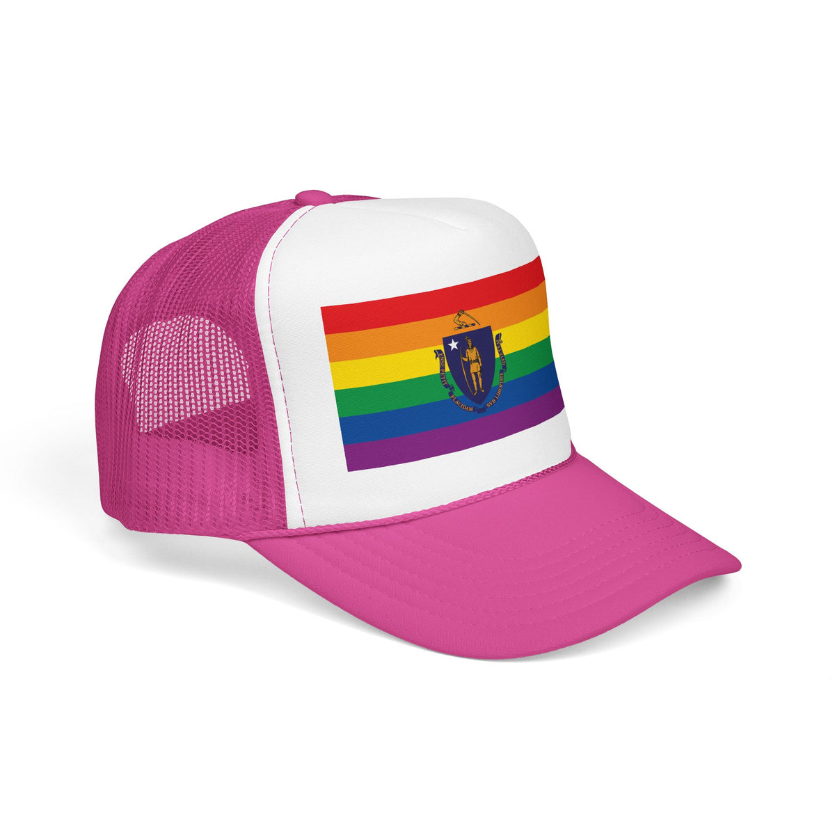 Massachusetts Rainbow Pride Flag "UNITED" Printed Foam Trucker Hat, Several Color Options