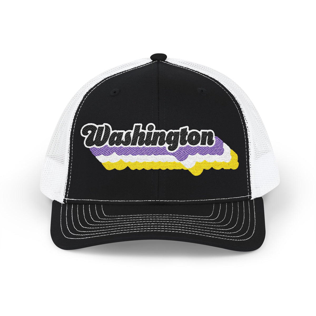 Washington Non-binary Pride Stack Embroidered Trucker, Snapback Trucker Cap, Black front with White mesh in back