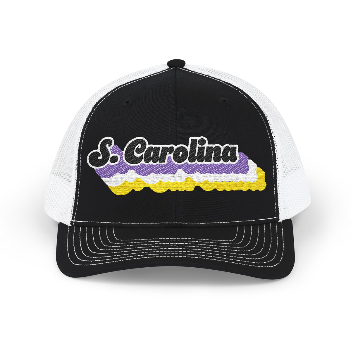South Carolina Non-binary Pride Stack Embroidered Trucker, Snapback Trucker Cap, Black front with White mesh in back