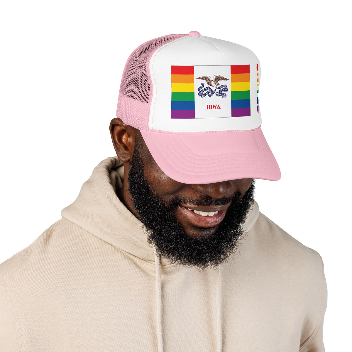 Iowa Rainbow Pride Flag "UNITED" Printed Foam Trucker Hat, Several Color Options