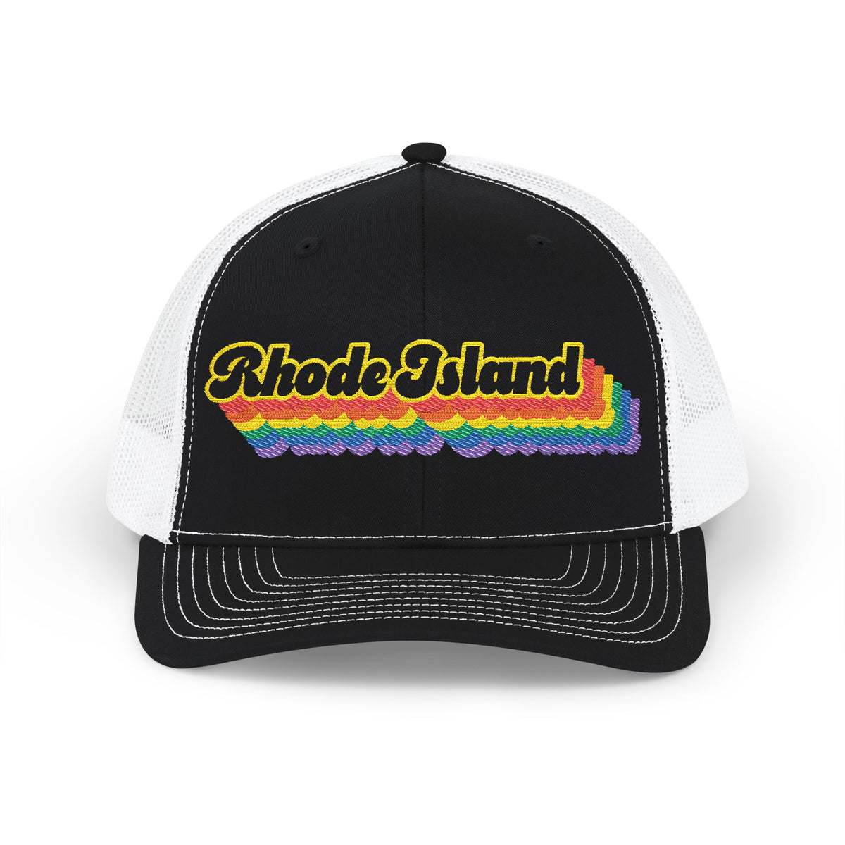Rhode Island Retro Rainbow Stack Embroidered Trucker, Snapback Trucker Cap, Black front with White mesh in back