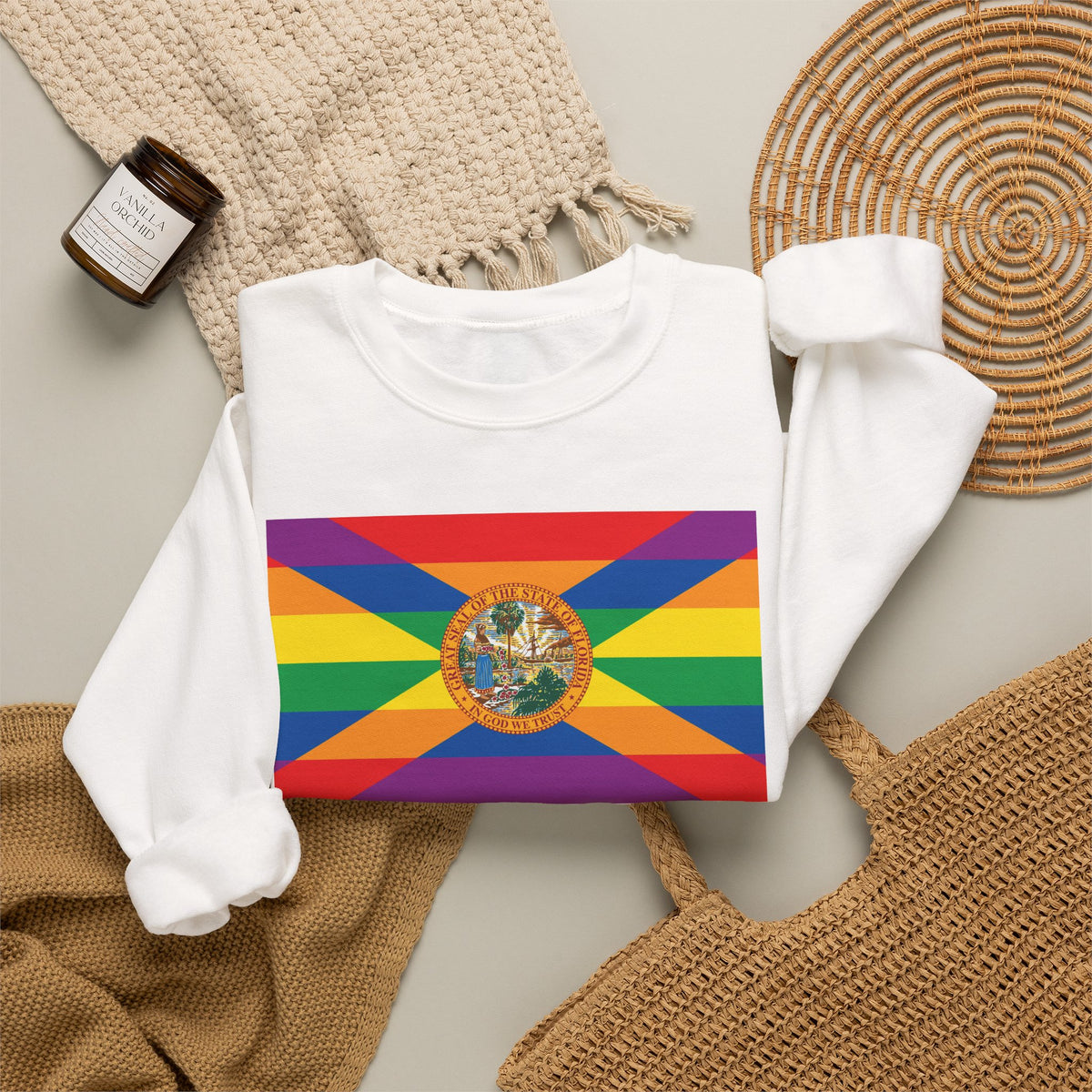 Florida Rainbow Pride Flag Unisex Crewneck Sweatshirt, White, Black or Light Pink