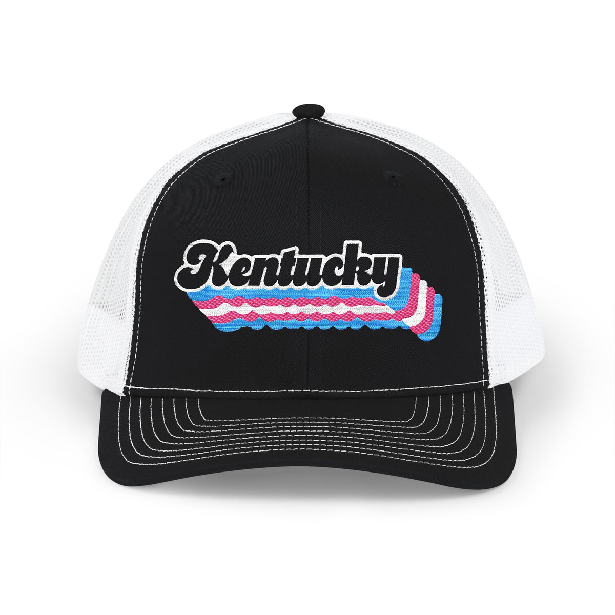 Kentucky Transgender Pride Stack Embroidered Trucker, Snapback Trucker Cap, Black front with White mesh in back