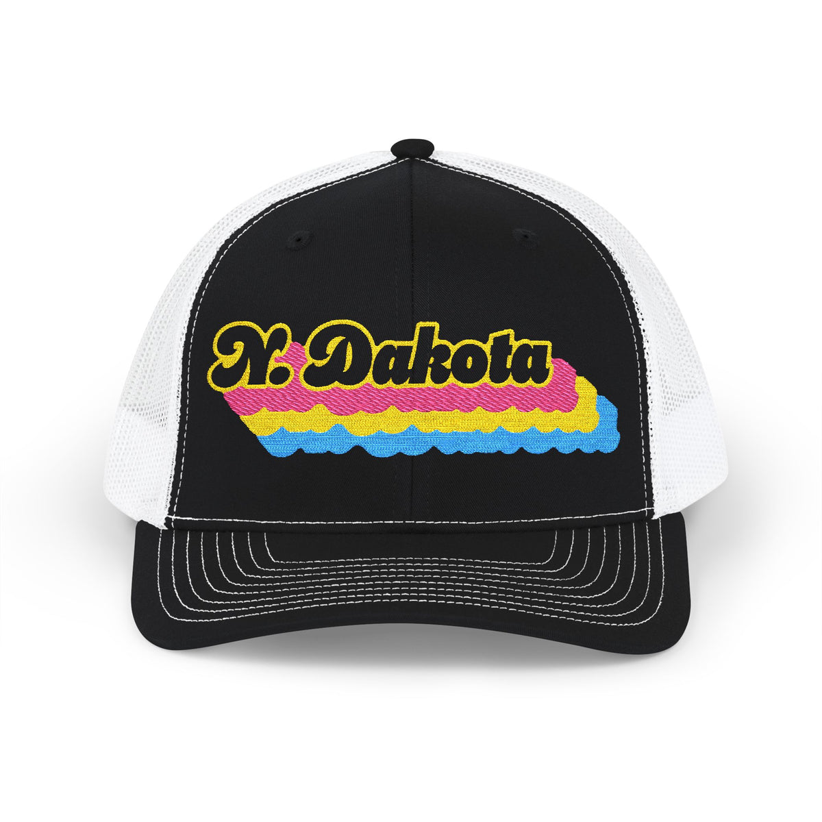 North Dakota Pansexual Pride Stack Embroidered Trucker, Snapback Trucker Cap, Black front with White mesh in back