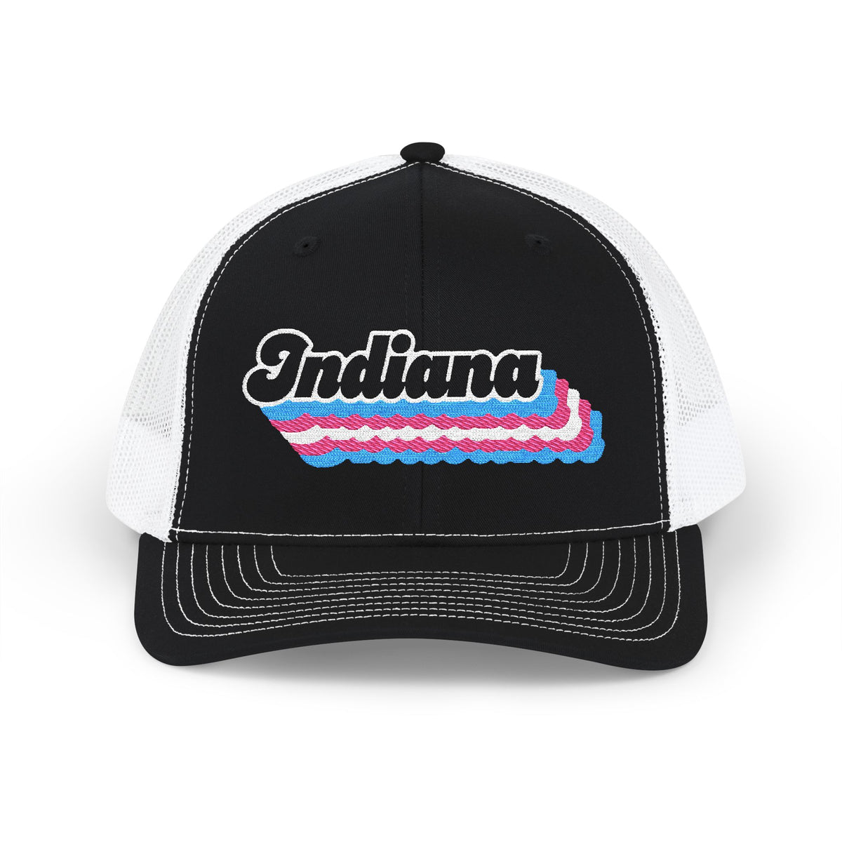 Indiana Transgender Pride Stack Embroidered Trucker, Snapback Trucker Cap, Black front with White mesh in back