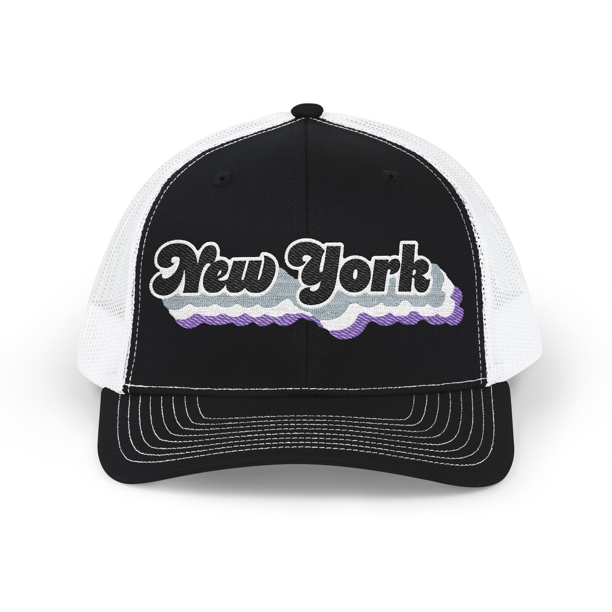 New York Asexual Pride Stack Embroidered Trucker, Snapback Trucker Cap, Black front with White mesh in back