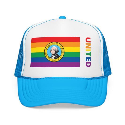 Washington Rainbow Pride Flag "UNITED" Printed Foam Trucker Hat, Several Color Options