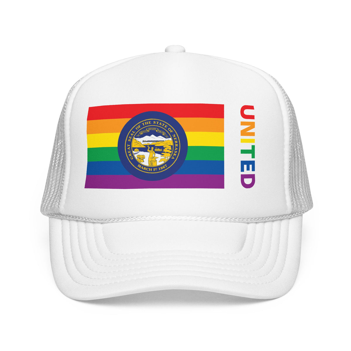 Nebraska Rainbow Pride Flag "UNITED" Printed Foam Trucker Hat, Several Color Options