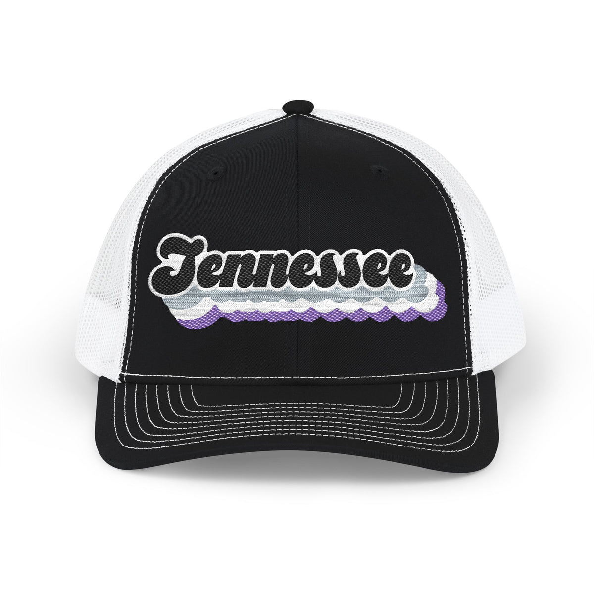 Tennessee Asexual Pride Stack Embroidered Trucker, Snapback Trucker Cap, Black front with White mesh in back