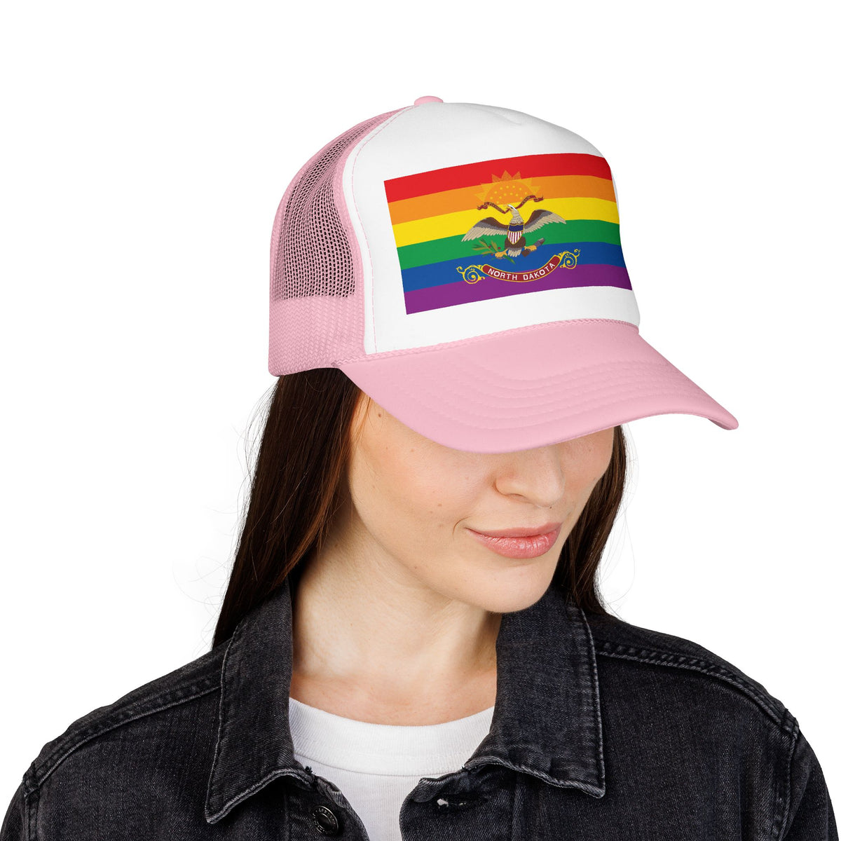 North Dakota Rainbow Pride Flag "UNITED" Printed Foam Trucker Hat, Several Color Options