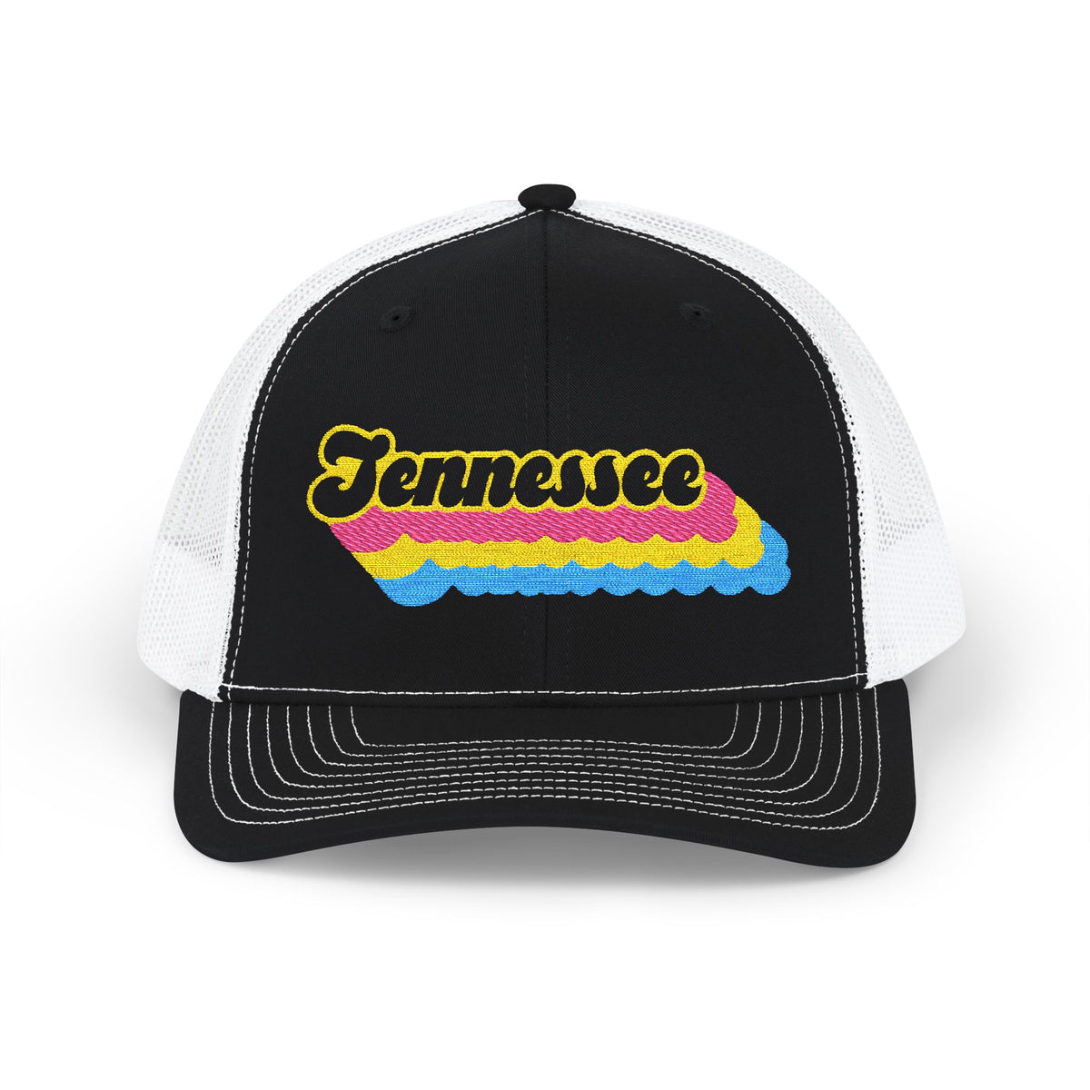 Tennessee Pansexual Pride Stack Embroidered Trucker, Snapback Trucker Cap, Black front with White mesh in back
