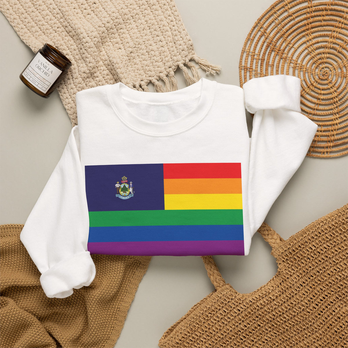 Maine Rainbow Pride Flag Unisex Crewneck Sweatshirt, White, Black or Light Pink