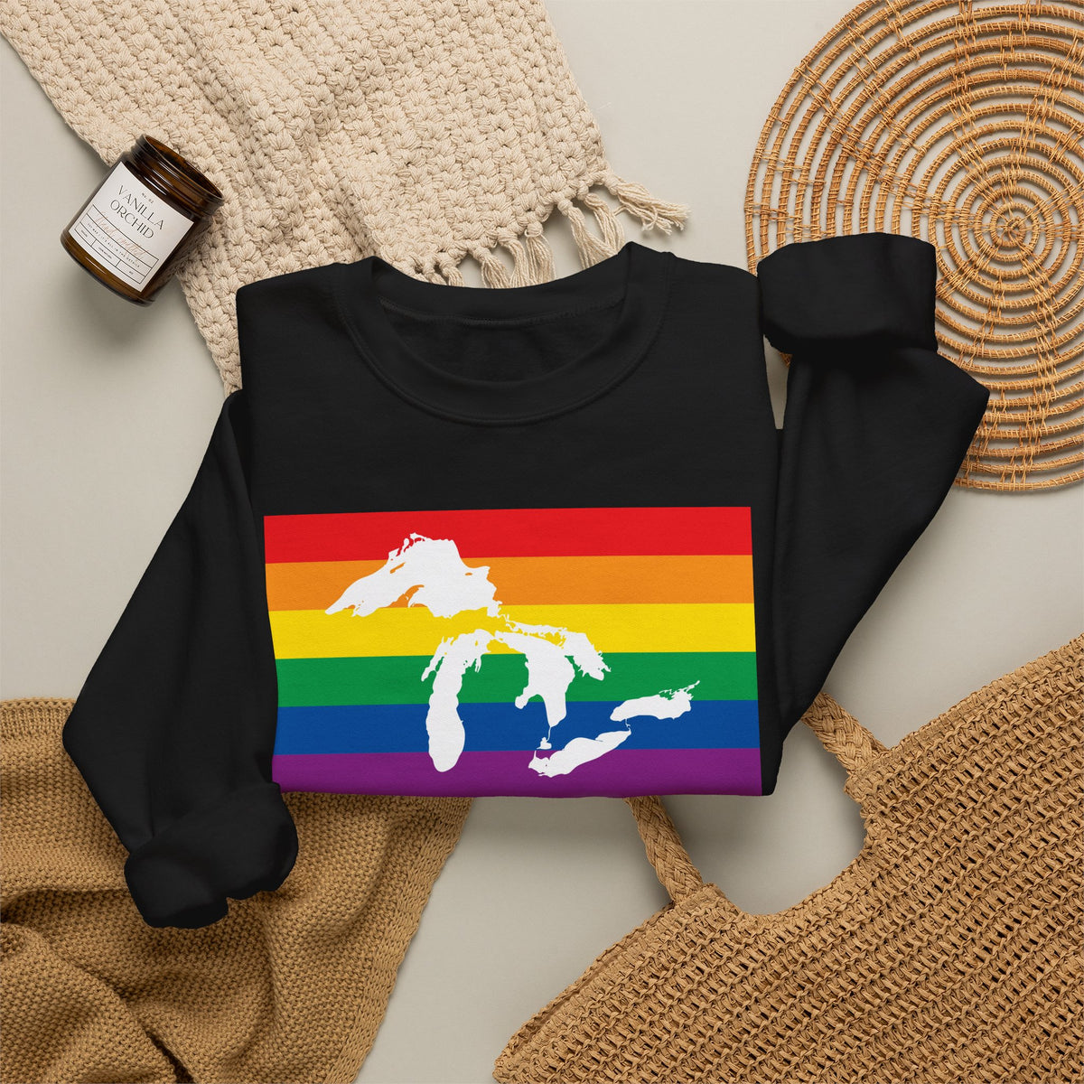 Great Lakes Region Rainbow Pride Flag Unisex Crewneck Sweatshirt, White, Black or Light Pink
