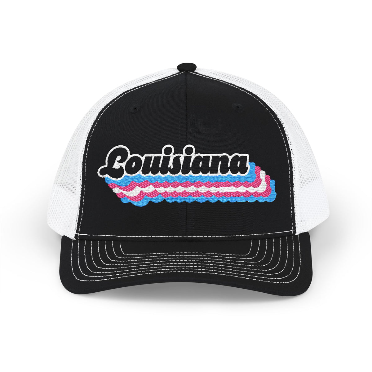 Louisiana Transgender Pride Stack Embroidered Trucker, Snapback Trucker Cap, Black front with White mesh in back