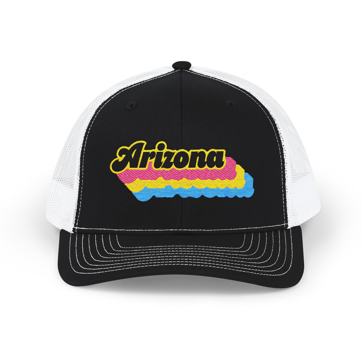 Arizona Pansexual Pride Stack Embroidered Trucker, Snapback Trucker Cap, Black front with White mesh in back