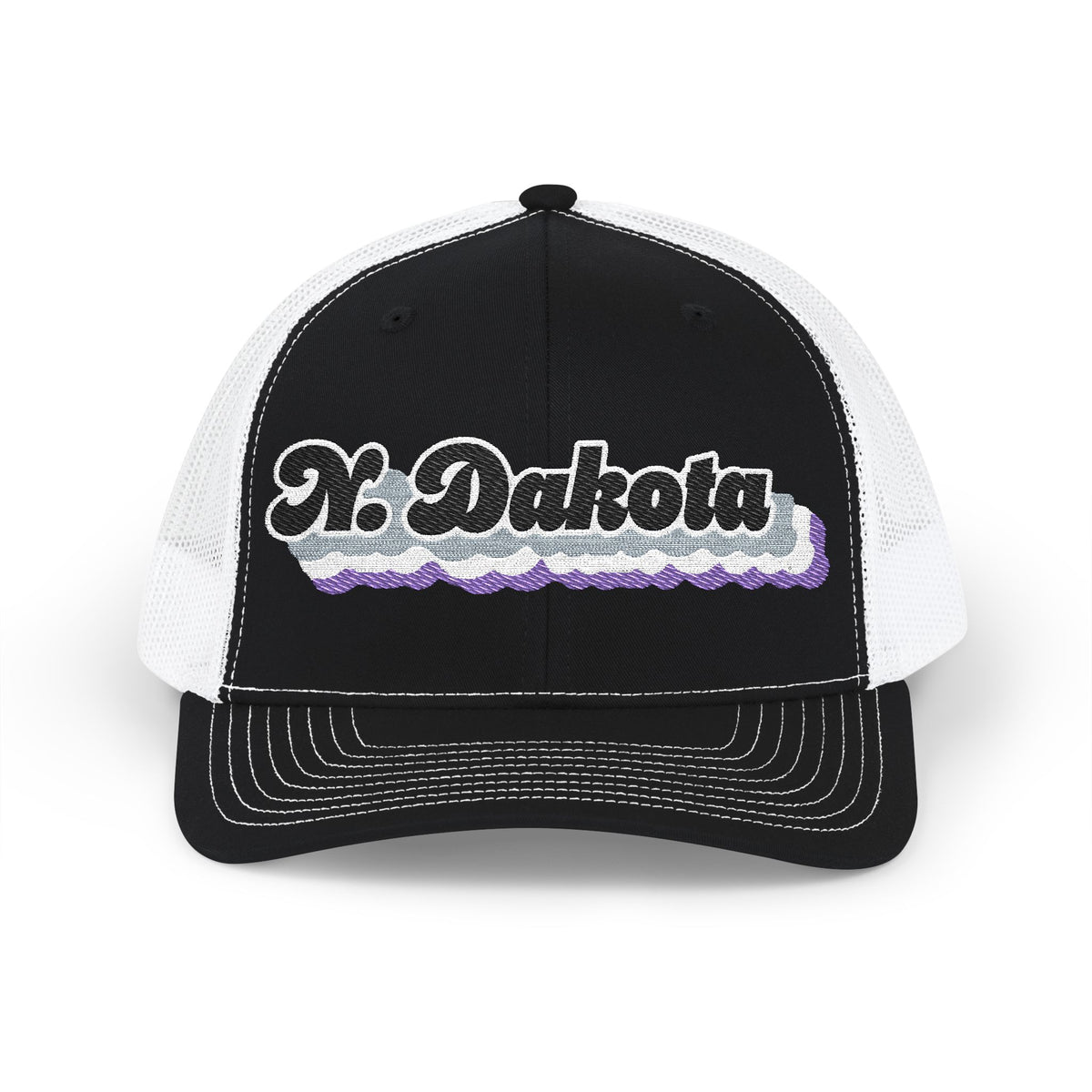 North Dakota Asexual Pride Stack Embroidered Trucker, Snapback Trucker Cap, Black front with White mesh in back