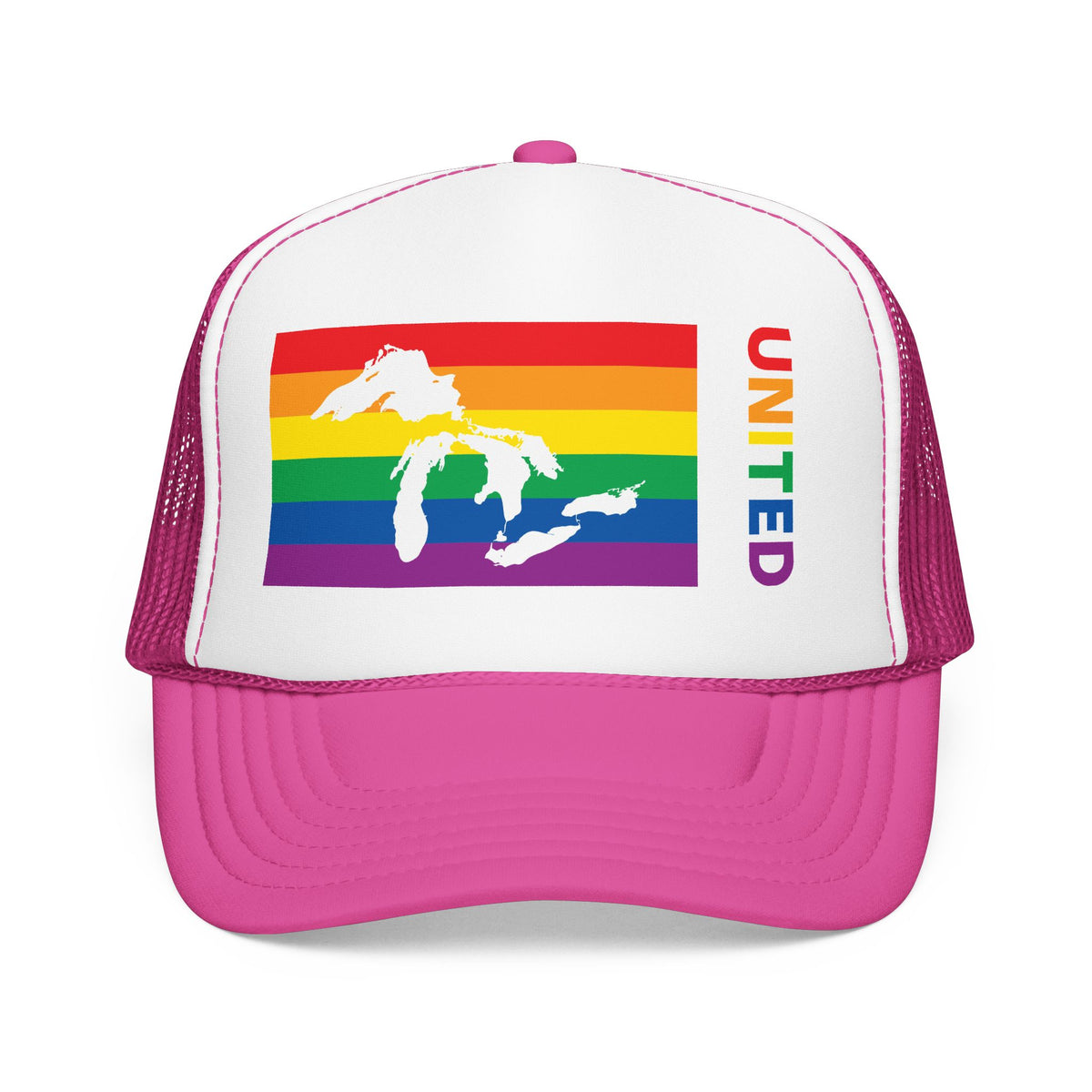 Great Lakes Region Rainbow Pride Flag "UNITED" Printed Foam Trucker Hat, Several Color Options