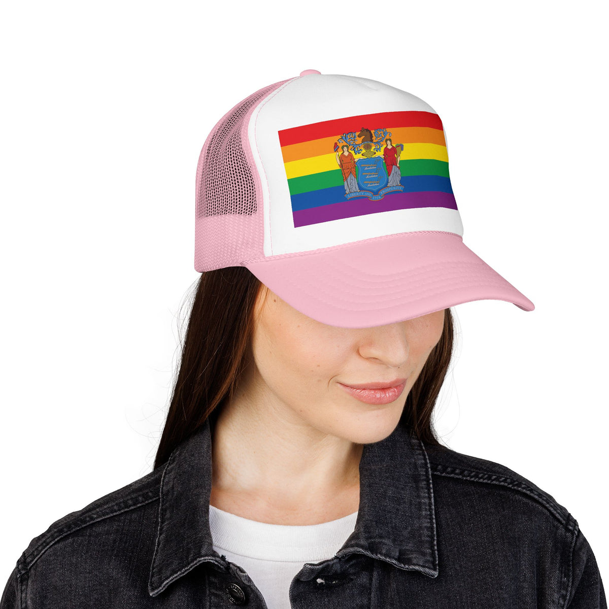 New Jersey Rainbow Pride Flag "UNITED" Printed Foam Trucker Hat, Several Color Options