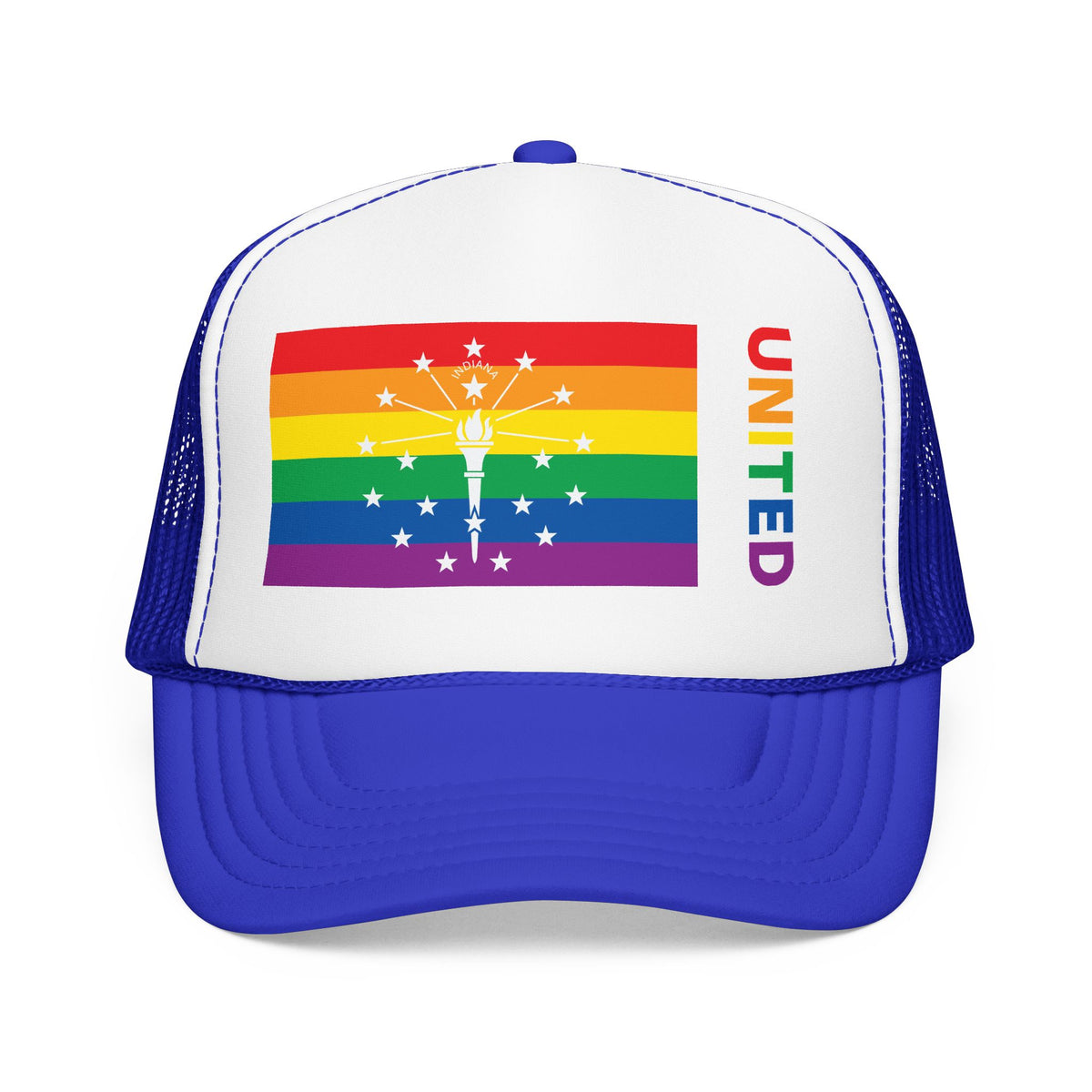 Indiana Rainbow Pride Flag "UNITED" Printed Foam Trucker Hat, Several Color Options