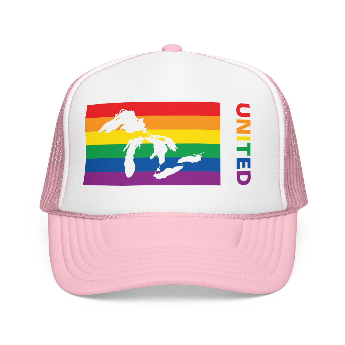 Great Lakes Region Rainbow Pride Flag "UNITED" Printed Foam Trucker Hat, Several Color Options