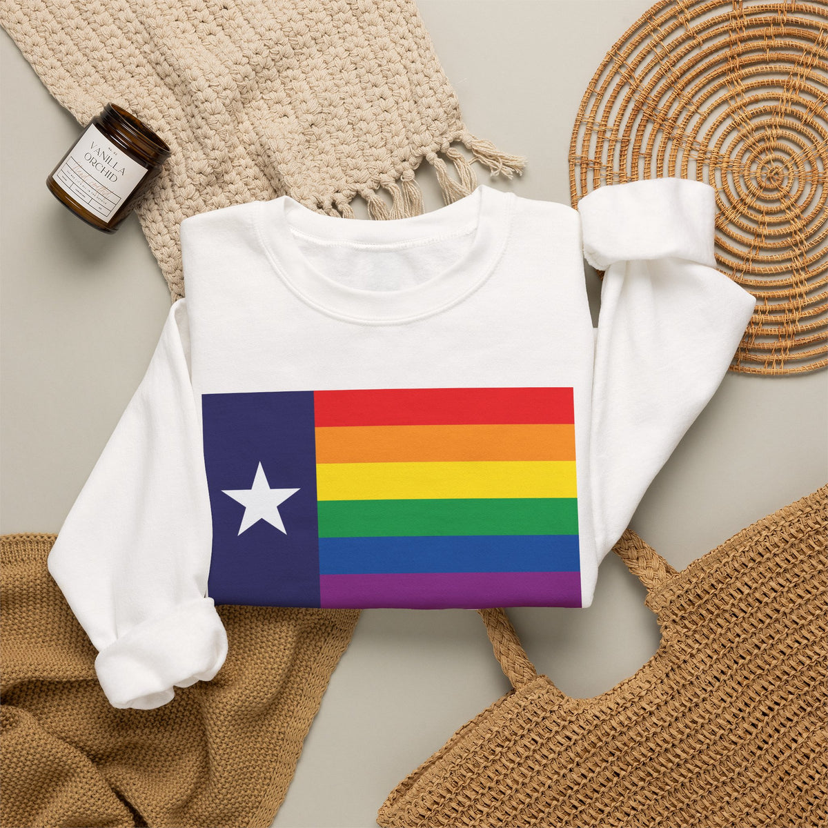 Texas Rainbow Pride Flag Unisex Crewneck Sweatshirt, White, Black or Light Pink