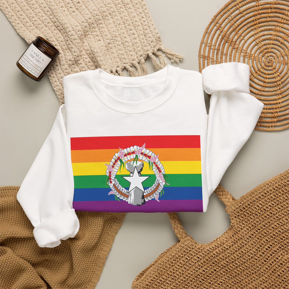 Northern Mariana Islands Rainbow Pride Flag Unisex Crewneck Sweatshirt, White, Black or Light Pink