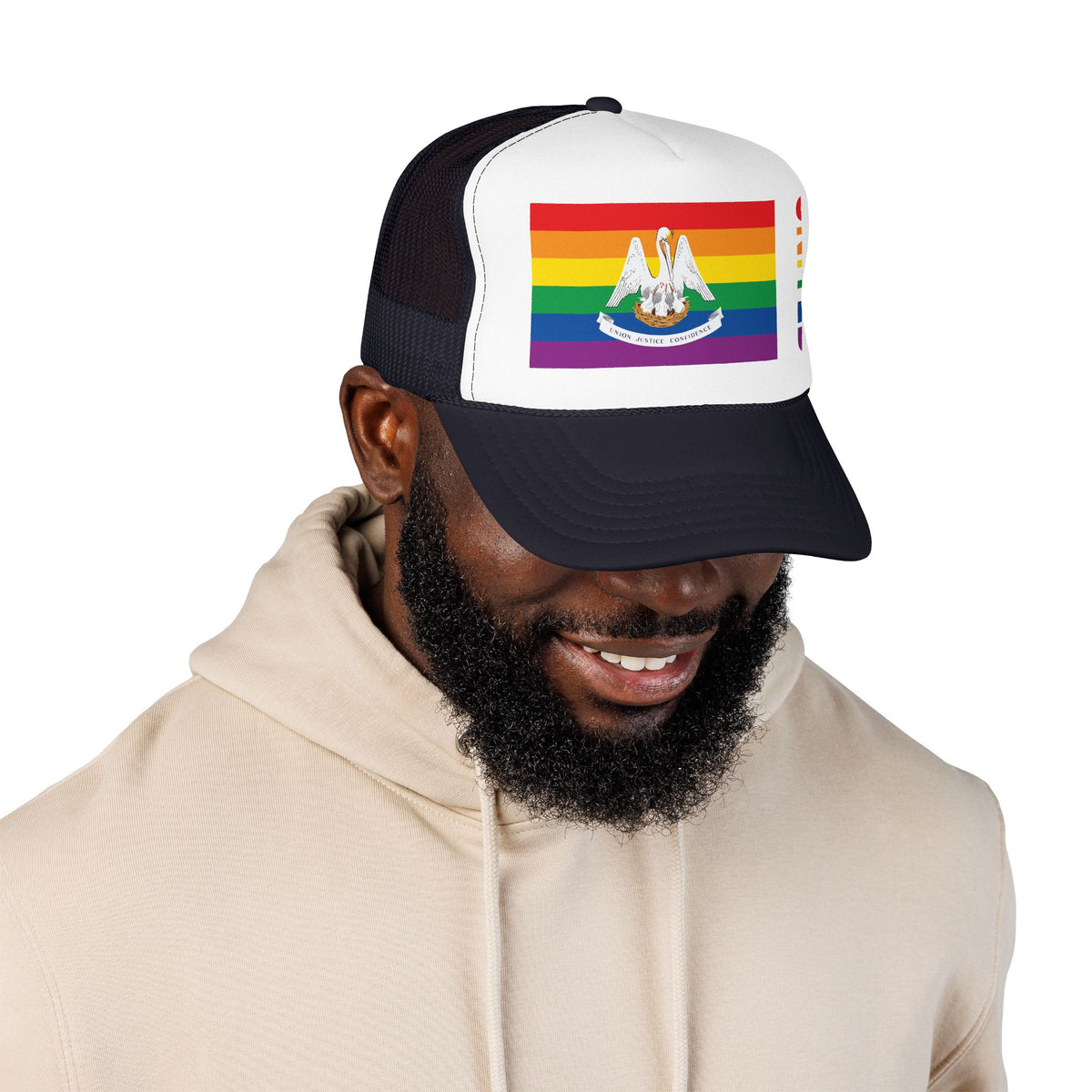 Louisiana Rainbow Pride Flag "UNITED" Printed Foam Trucker Hat, Several Color Options