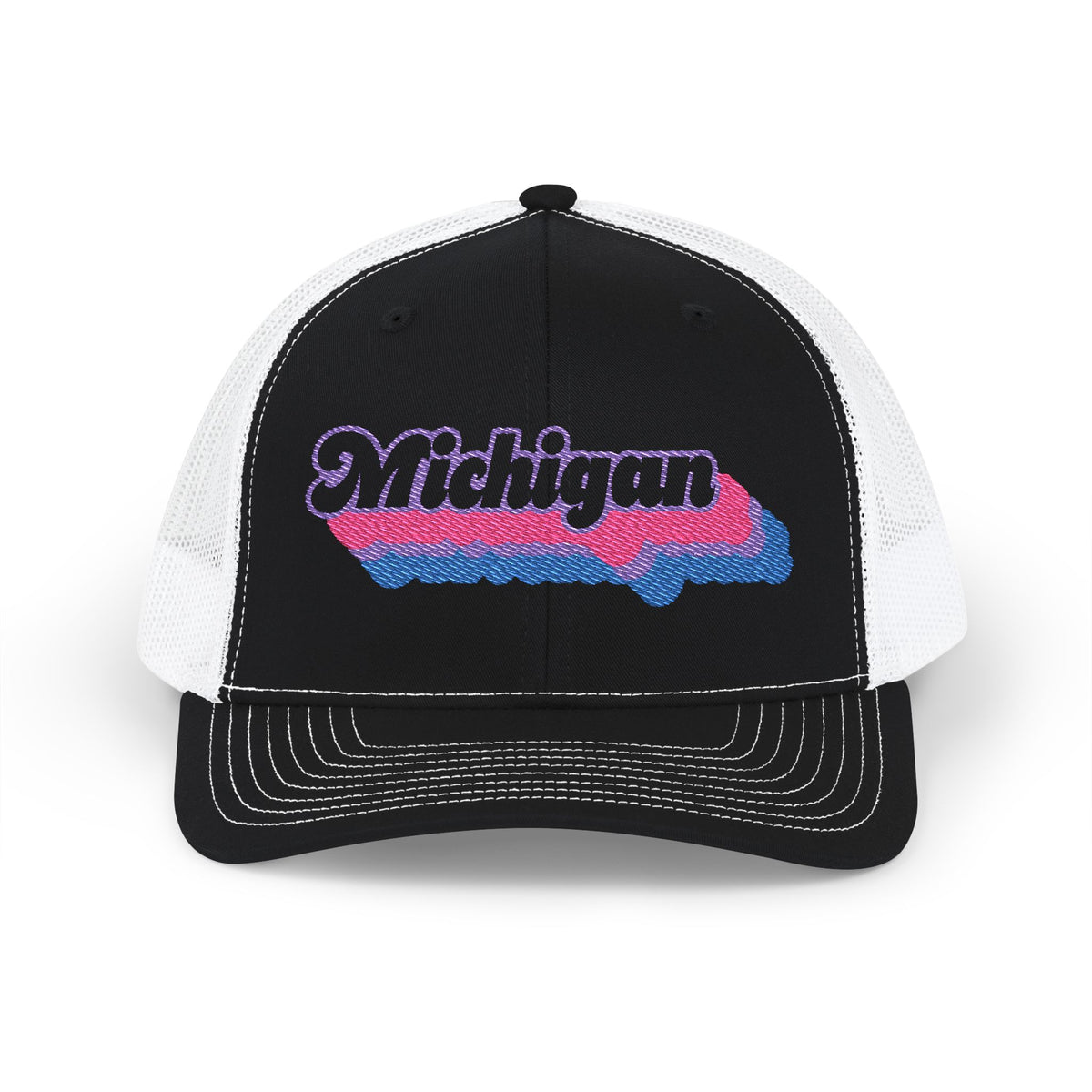 Michigan Bisexual Pride Stack Embroidered Trucker, Snapback Trucker Cap, Black front with White mesh in back