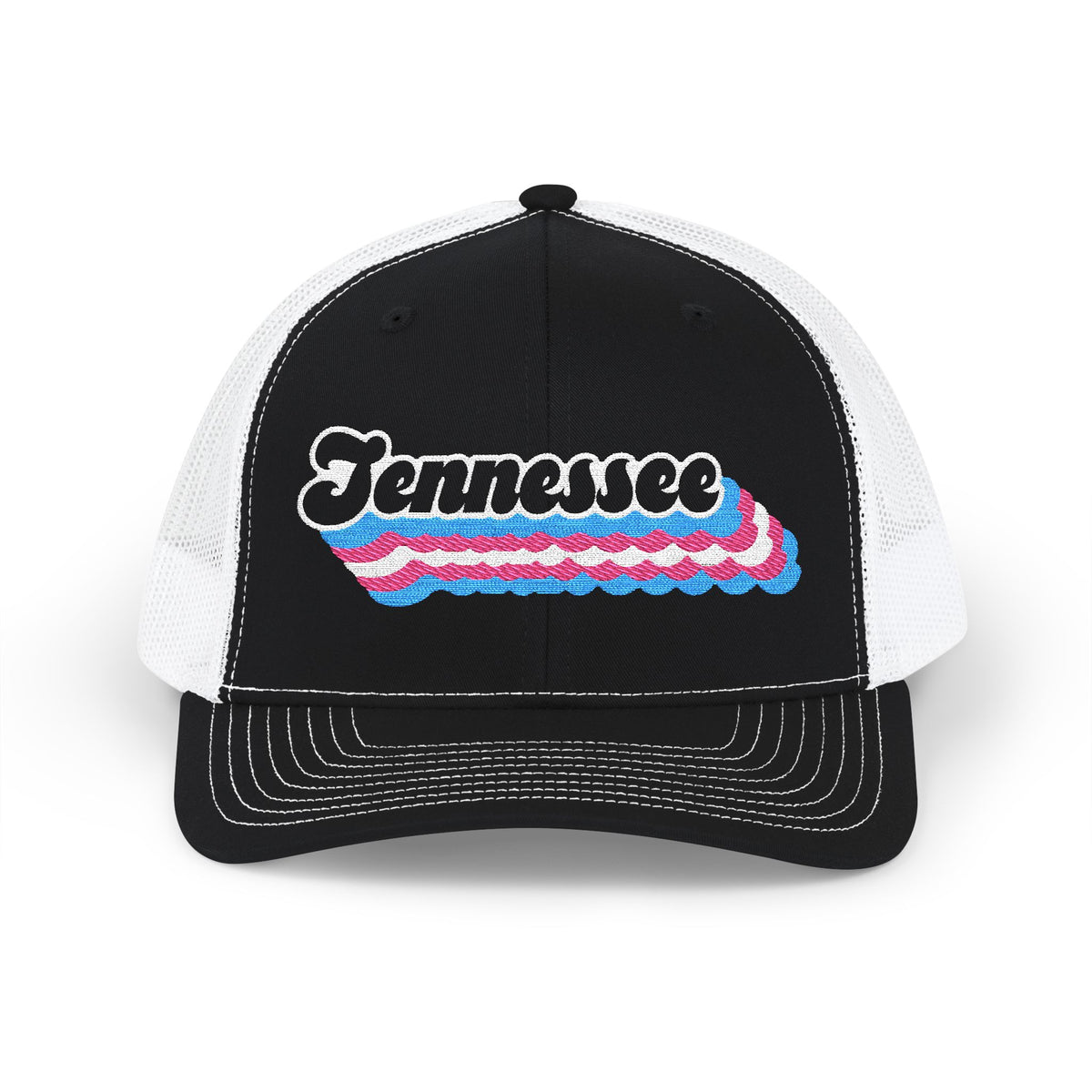 Tennessee Transgender Pride Stack Embroidered Trucker, Snapback Trucker Cap, Black front with White mesh in back