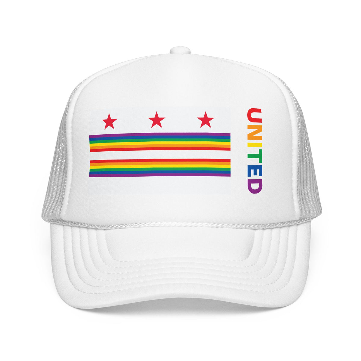 Washington, D.C. Rainbow Pride Flag "UNITED" Printed Foam Trucker Hat, Several Color Options