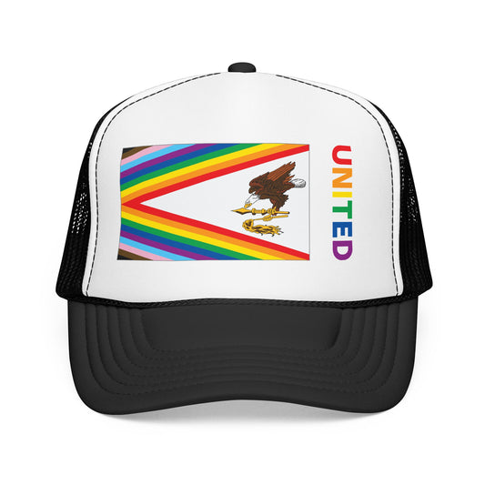 American Samoa Rainbow Pride Flag "UNITED" Printed Foam Trucker Hat, Several Color Options